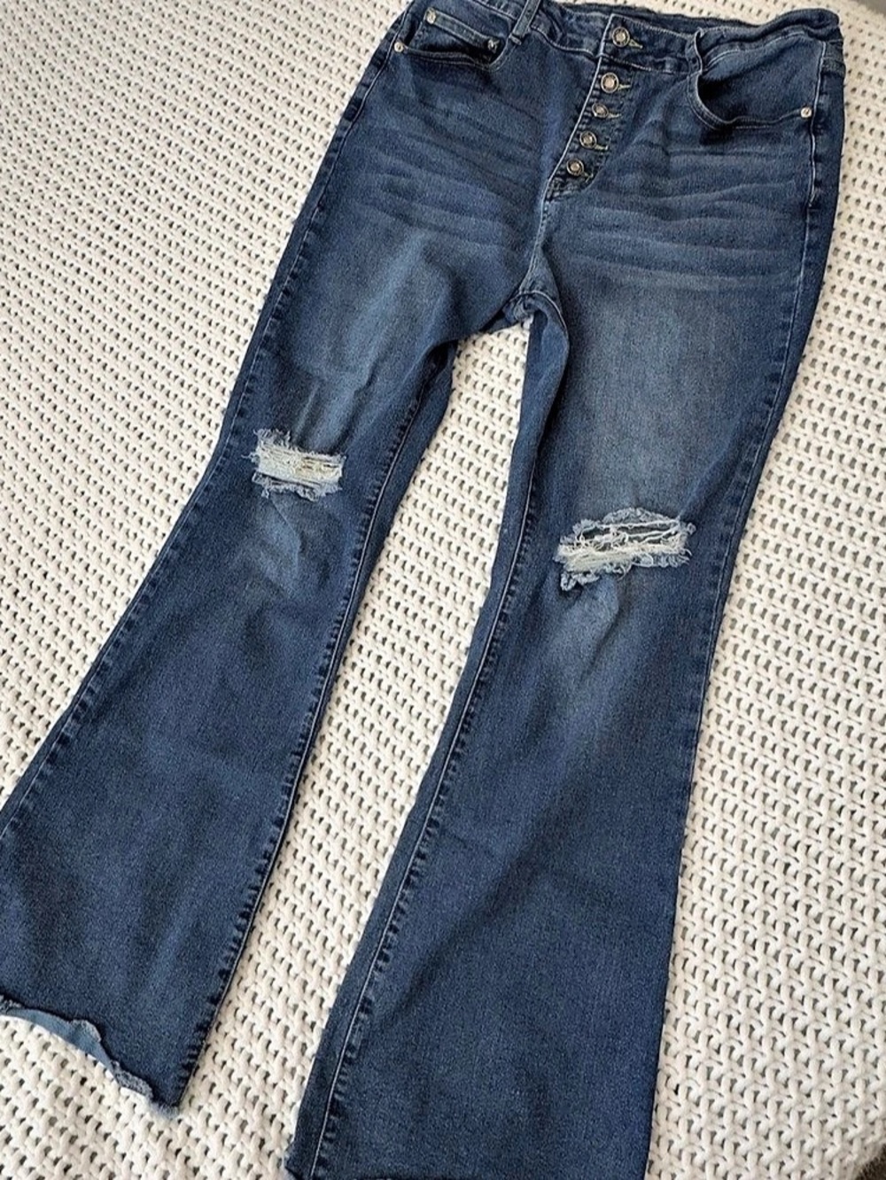 Distressed Button Fly Skinny Jeans Women Size 16 Ripped Knee Denim Stretchy